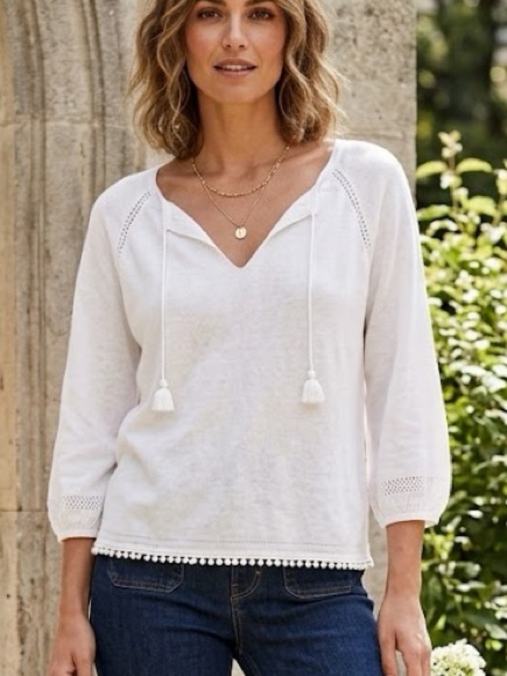 Gerard Darel Ramie Cotton Peasant Blouse White Tassel Ladder Stitch Knit 3 L